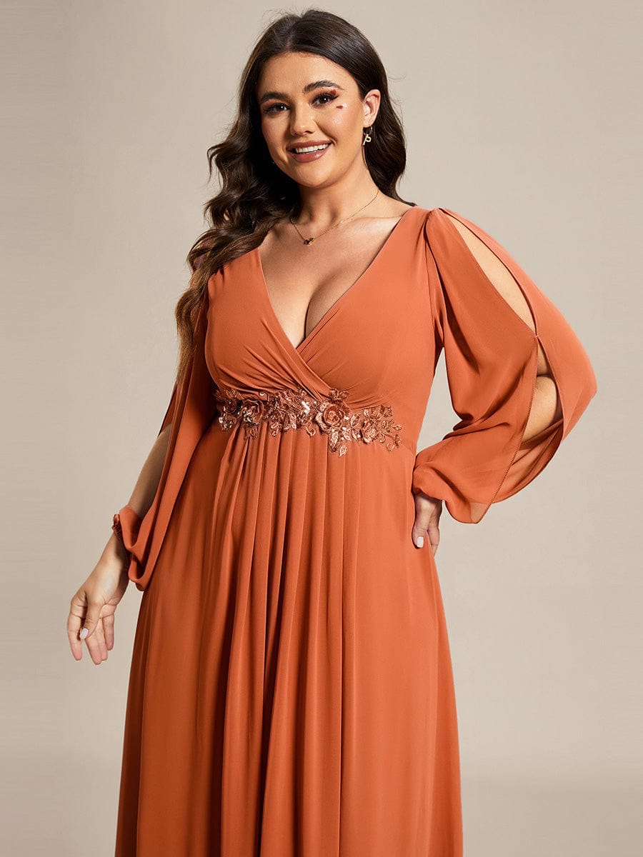 ever AMOUR|Lantern Long Slit Sleeve Deep V Applique Maxi Evening Dress