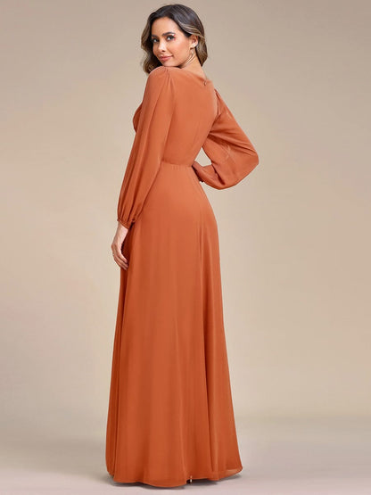 ever AMOUR|Lantern Long Slit Sleeve Deep V Applique Maxi Evening Dress