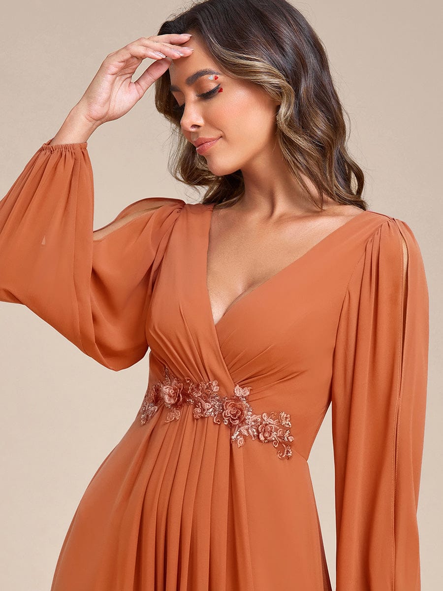 ever AMOUR|Lantern Long Slit Sleeve Deep V Applique Maxi Evening Dress