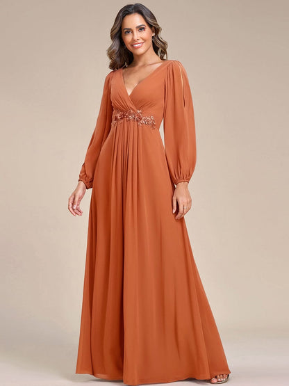 ever AMOUR|Lantern Long Slit Sleeve Deep V Applique Maxi Evening Dress