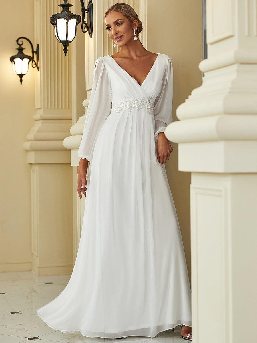 ever AMOUR|Lantern Long Slit Sleeve Deep V Applique Maxi Evening Dress
