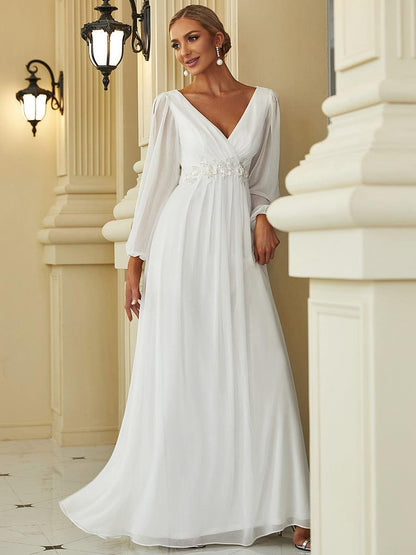ever AMOUR|Lantern Long Slit Sleeve Deep V Applique Maxi Evening Dress