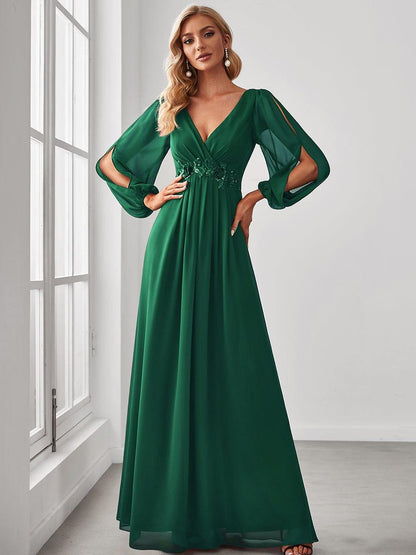 ever AMOUR|Lantern Long Slit Sleeve Deep V Applique Maxi Evening Dress