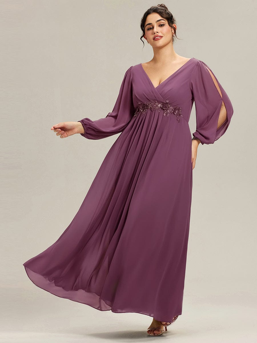 ever AMOUR|Lantern Long Slit Sleeve Deep V Applique Maxi Evening Dress