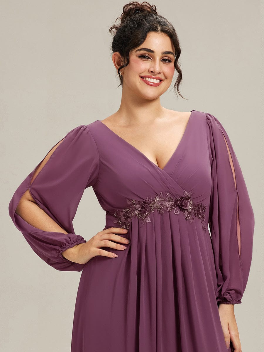 ever AMOUR|Lantern Long Slit Sleeve Deep V Applique Maxi Evening Dress