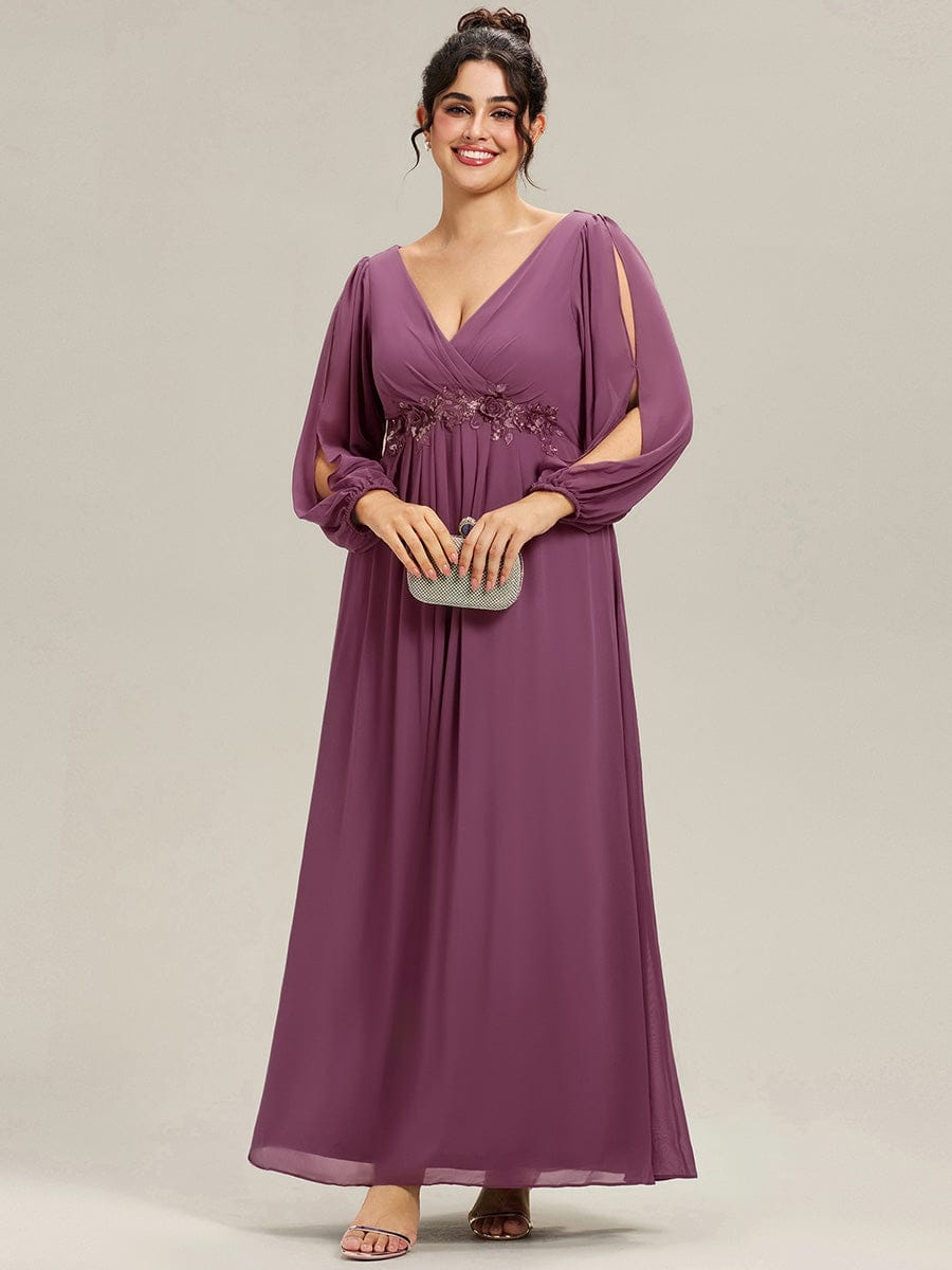 ever AMOUR|Lantern Long Slit Sleeve Deep V Applique Maxi Evening Dress