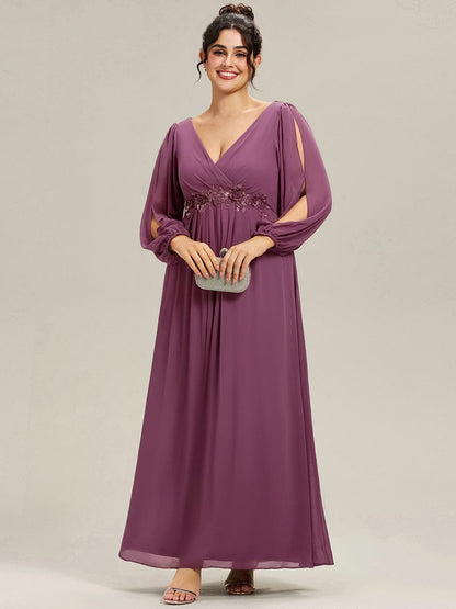 ever AMOUR|Lantern Long Slit Sleeve Deep V Applique Maxi Evening Dress