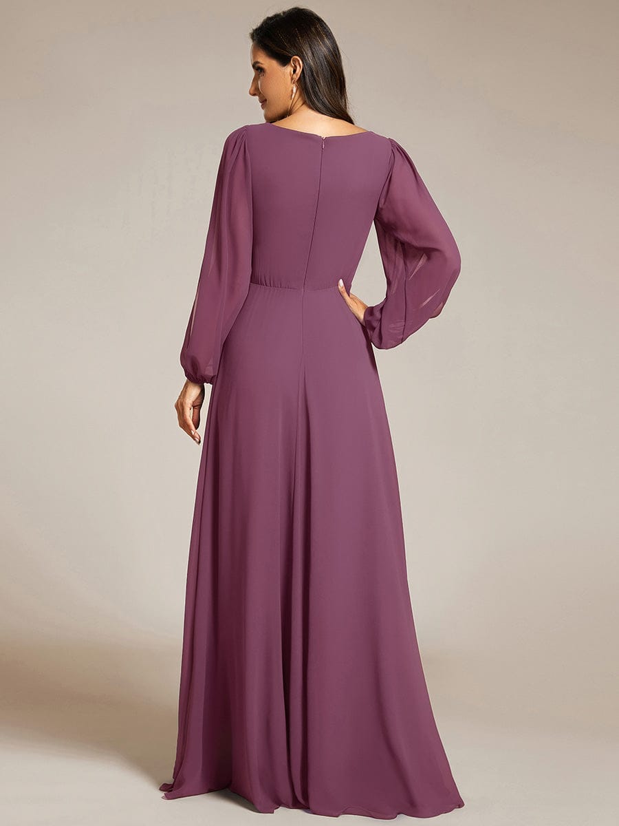 ever AMOUR|Lantern Long Slit Sleeve Deep V Applique Maxi Evening Dress