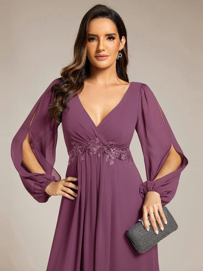 ever AMOUR|Lantern Long Slit Sleeve Deep V Applique Maxi Evening Dress
