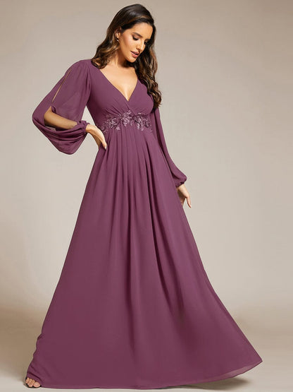 ever AMOUR|Lantern Long Slit Sleeve Deep V Applique Maxi Evening Dress