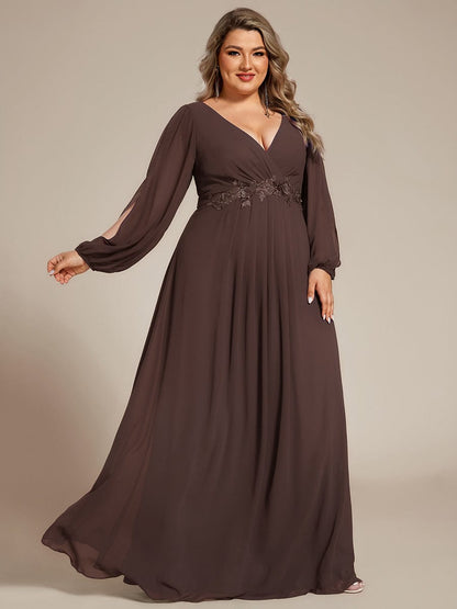 ever AMOUR|Lantern Long Slit Sleeve Deep V Applique Maxi Evening Dress