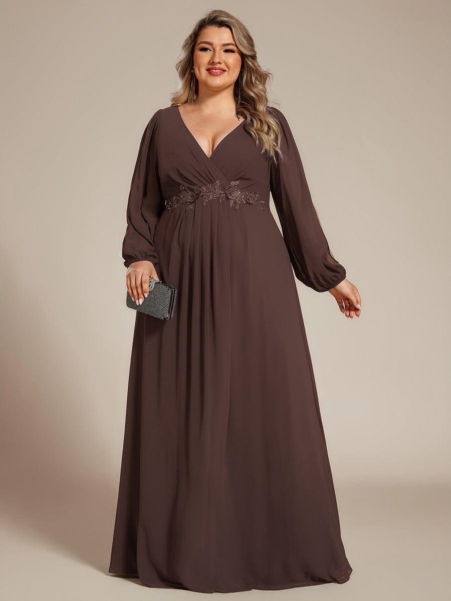 ever AMOUR|Lantern Long Slit Sleeve Deep V Applique Maxi Evening Dress