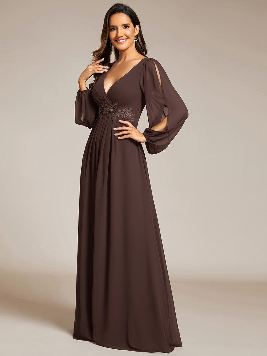 ever AMOUR|Lantern Long Slit Sleeve Deep V Applique Maxi Evening Dress