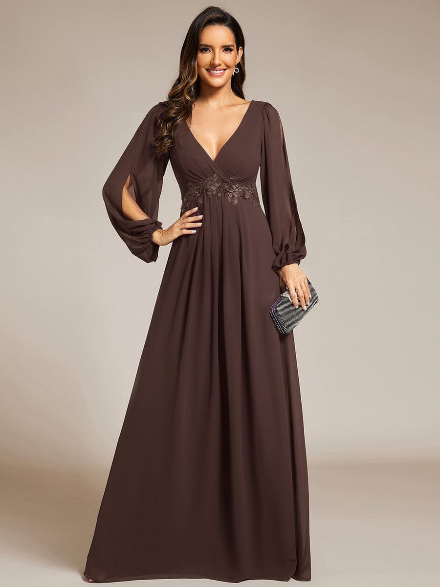 ever AMOUR|Lantern Long Slit Sleeve Deep V Applique Maxi Evening Dress