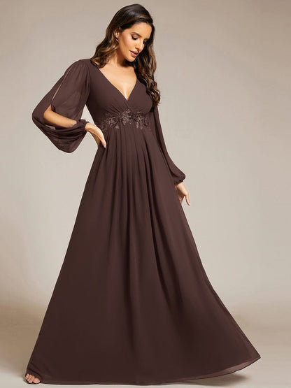 ever AMOUR|Lantern Long Slit Sleeve Deep V Applique Maxi Evening Dress