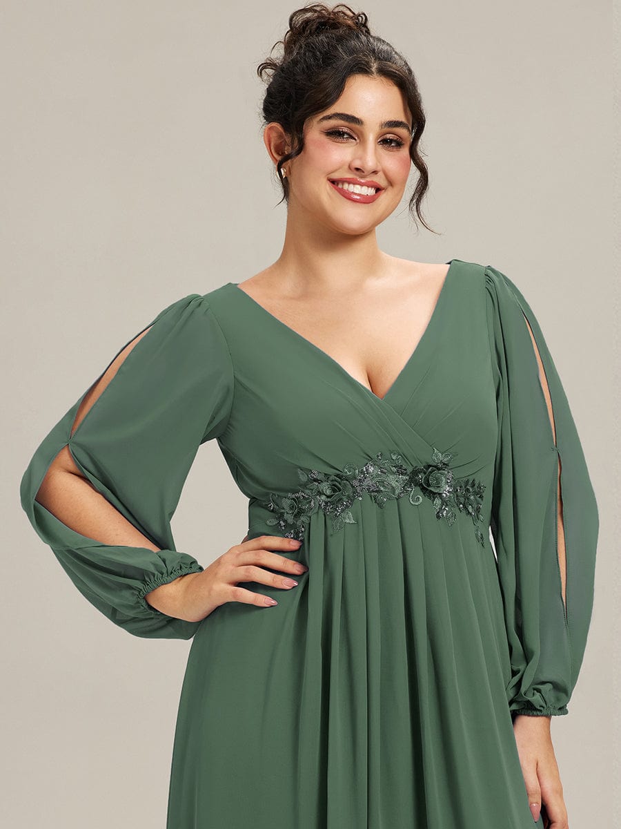 ever AMOUR|Lantern Long Slit Sleeve Deep V Applique Maxi Evening Dress