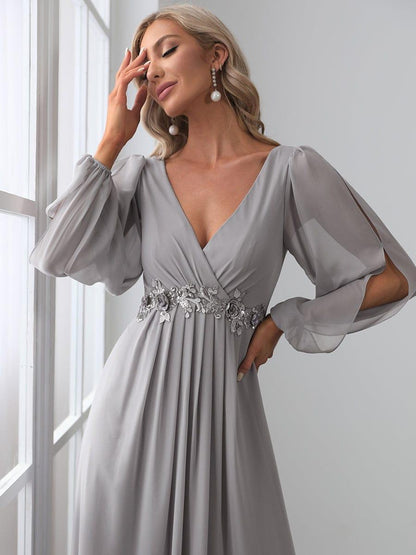 ever AMOUR|Lantern Long Slit Sleeve Deep V Applique Maxi Evening Dress