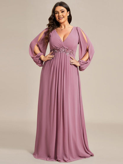ever AMOUR|Lantern Long Slit Sleeve Deep V Applique Maxi Evening Dress