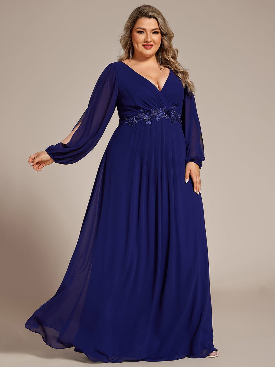 ever AMOUR|Lantern Long Slit Sleeve Deep V Applique Maxi Evening Dress