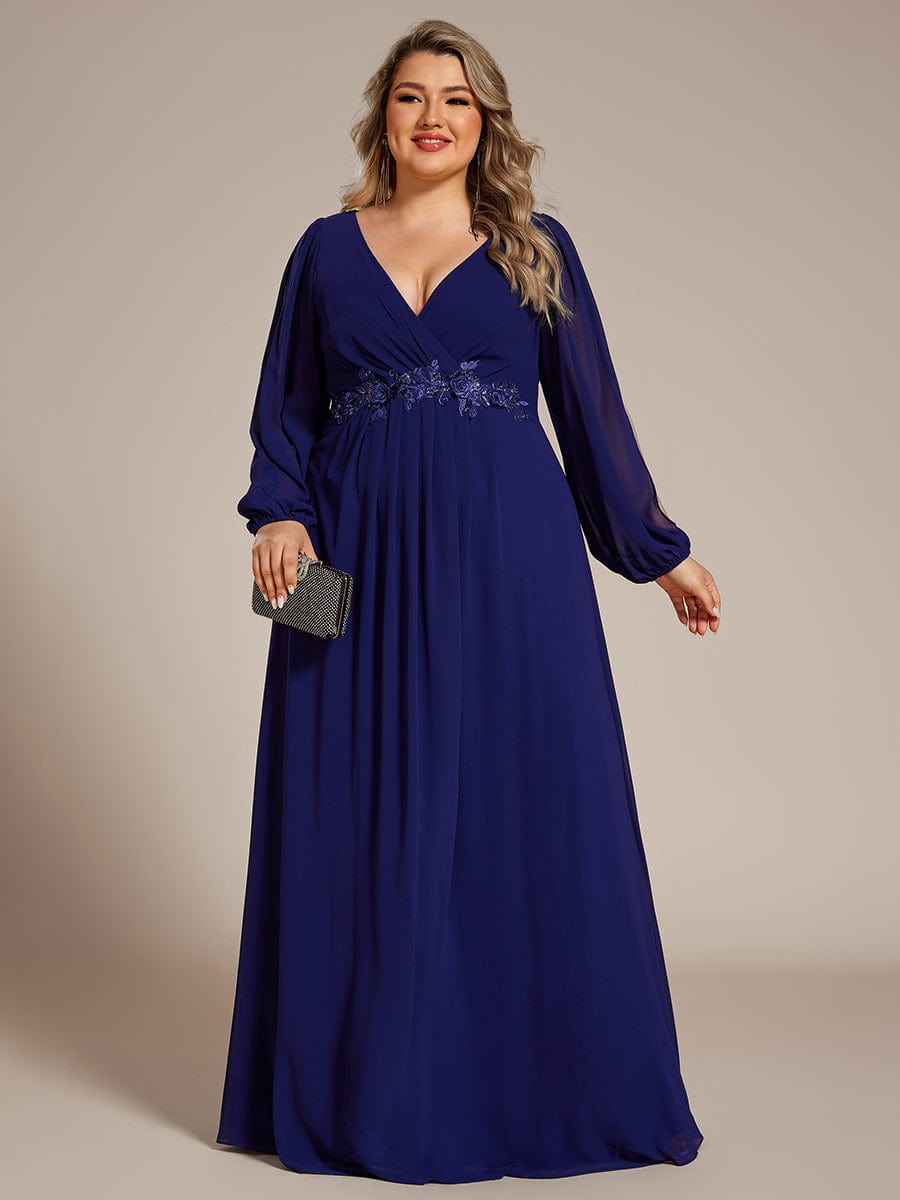 ever AMOUR|Lantern Long Slit Sleeve Deep V Applique Maxi Evening Dress
