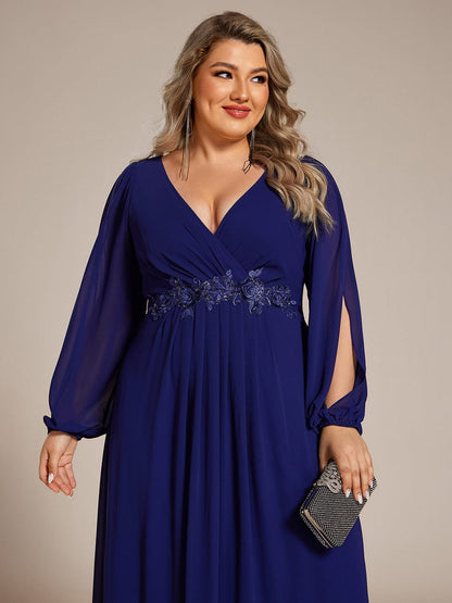ever AMOUR|Lantern Long Slit Sleeve Deep V Applique Maxi Evening Dress