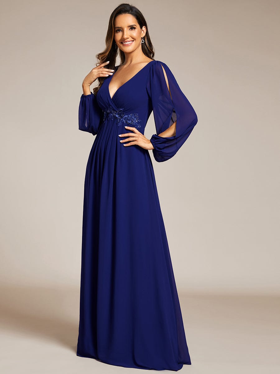 ever AMOUR|Lantern Long Slit Sleeve Deep V Applique Maxi Evening Dress