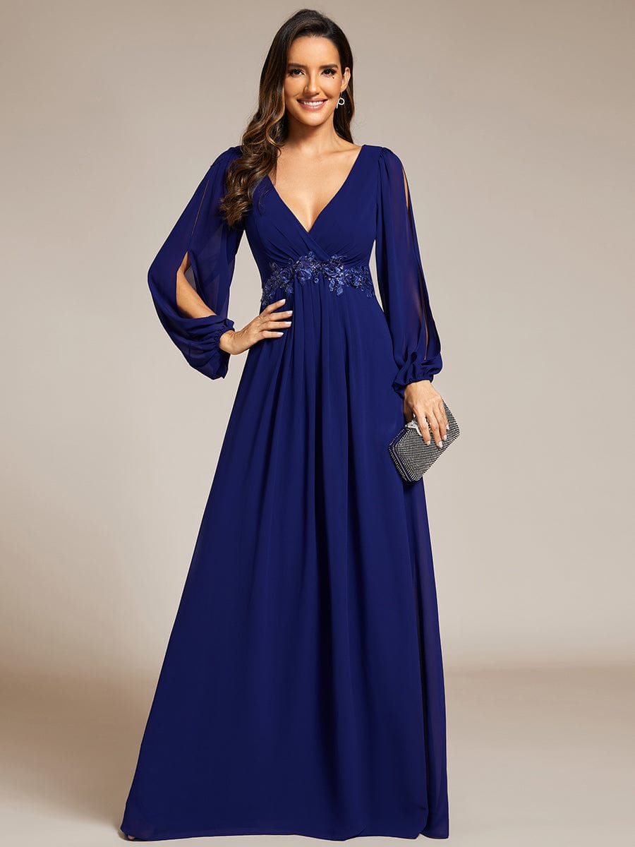 ever AMOUR|Lantern Long Slit Sleeve Deep V Applique Maxi Evening Dress