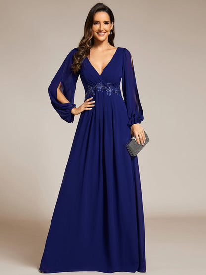 ever AMOUR|Lantern Long Slit Sleeve Deep V Applique Maxi Evening Dress