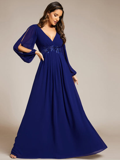 ever AMOUR|Lantern Long Slit Sleeve Deep V Applique Maxi Evening Dress