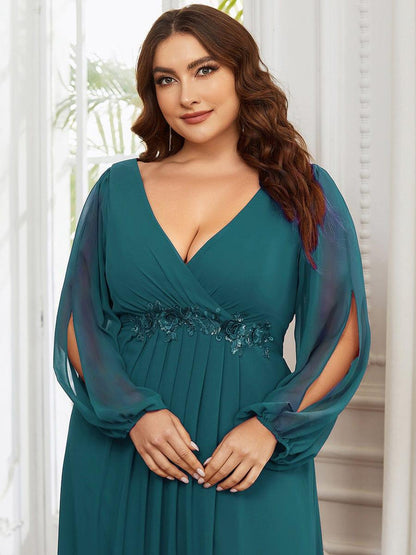 ever AMOUR|Lantern Long Slit Sleeve Deep V Applique Maxi Evening Dress
