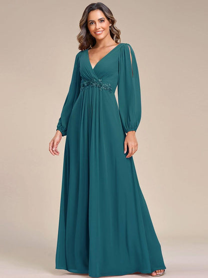 ever AMOUR|Lantern Long Slit Sleeve Deep V Applique Maxi Evening Dress