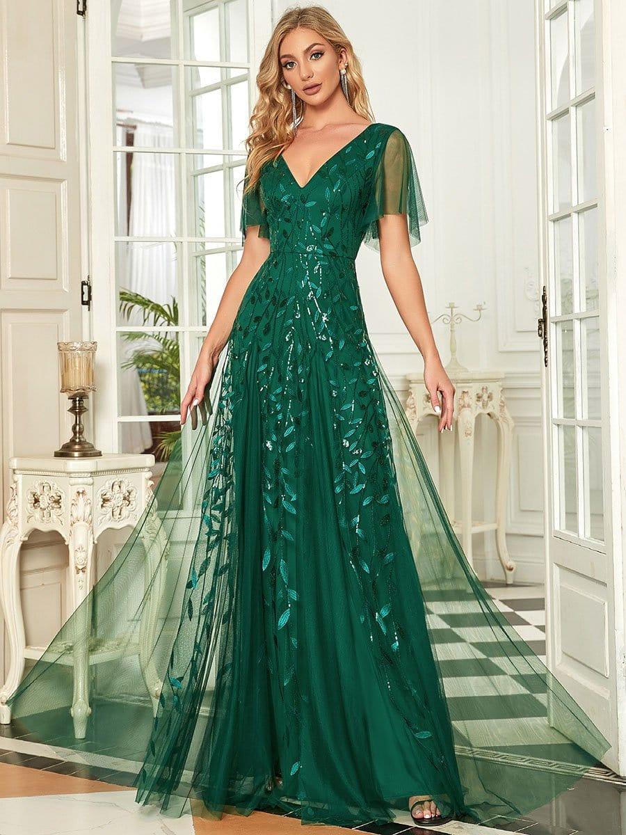 ever ASTRAL|Romantic Shimmery V Neck Ruffle Sleeves Maxi Long Evening Gowns