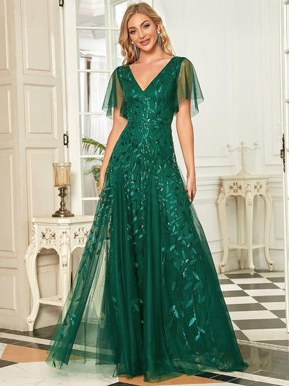 ever ASTRAL|Romantic Shimmery V Neck Ruffle Sleeves Maxi Long Evening Gowns