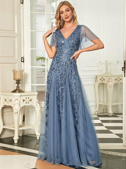 Robe Longue de Soirée Éclatante à Volants et Col en V Romantique