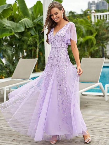 Robe Longue de Soirée Éclatante à Volants et Col en V Romantique