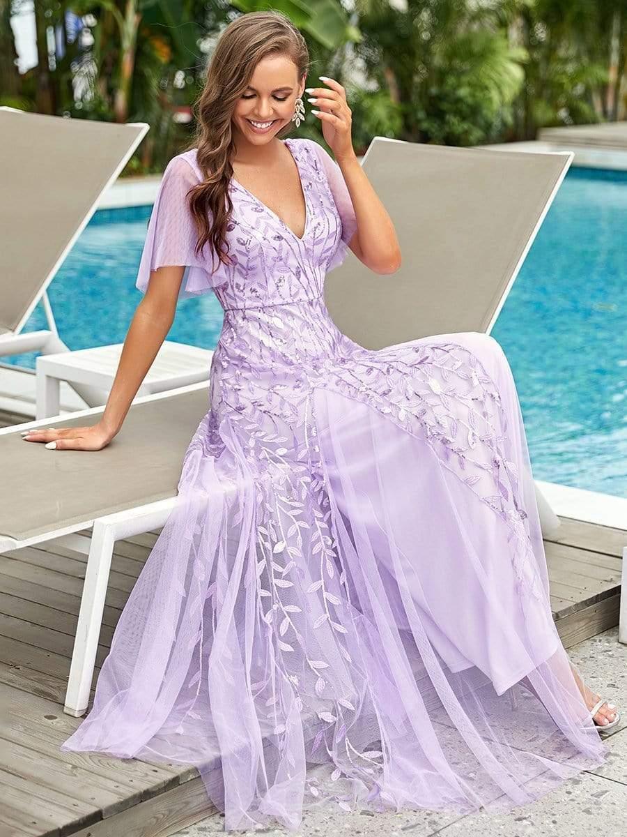 Robe Longue de Soirée Éclatante à Volants et Col en V Romantique