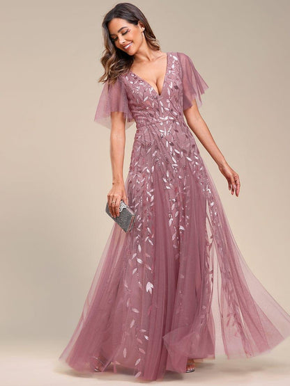 Robe Longue de Soirée Éclatante à Volants et Col en V Romantique