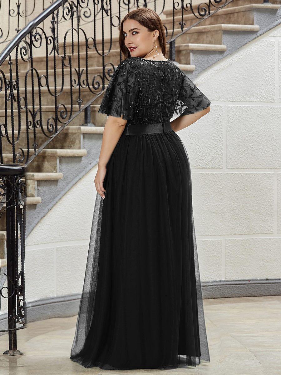 Robe longue de cérémonie à manches courtes avec broderie
