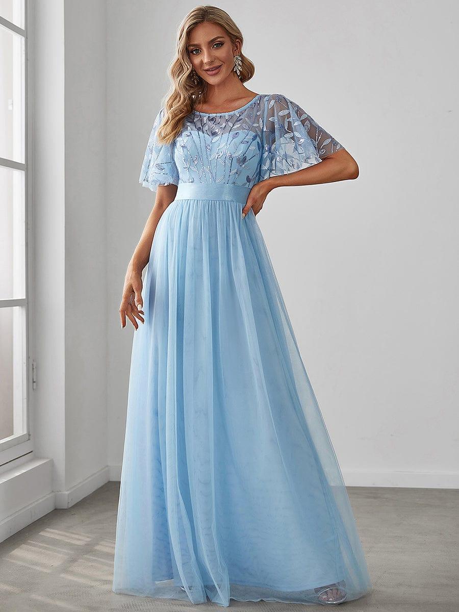 Robe longue de cérémonie à manches courtes avec broderie