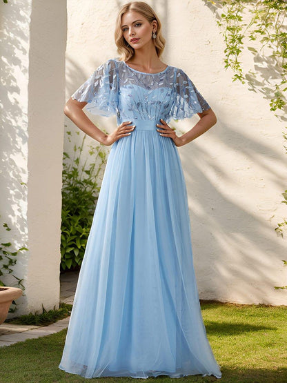 Robe longue de cérémonie à manches courtes avec broderie