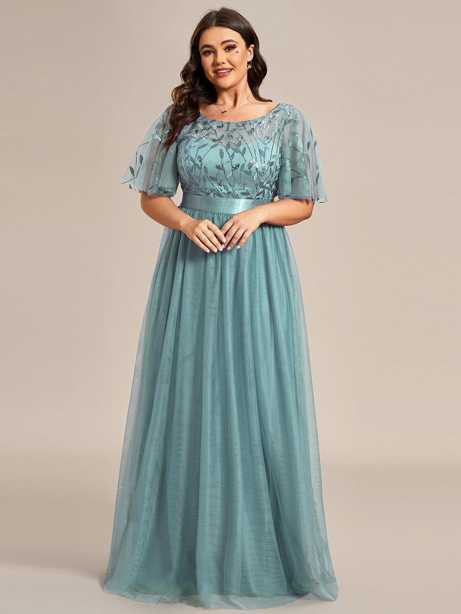 Robe longue de cérémonie à manches courtes avec broderie