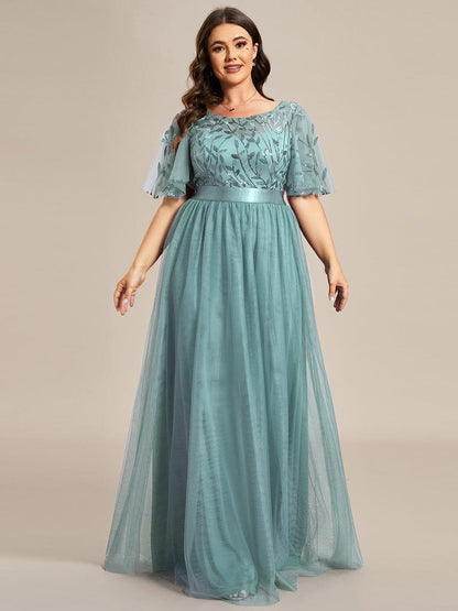 Robe longue de cérémonie à manches courtes avec broderie