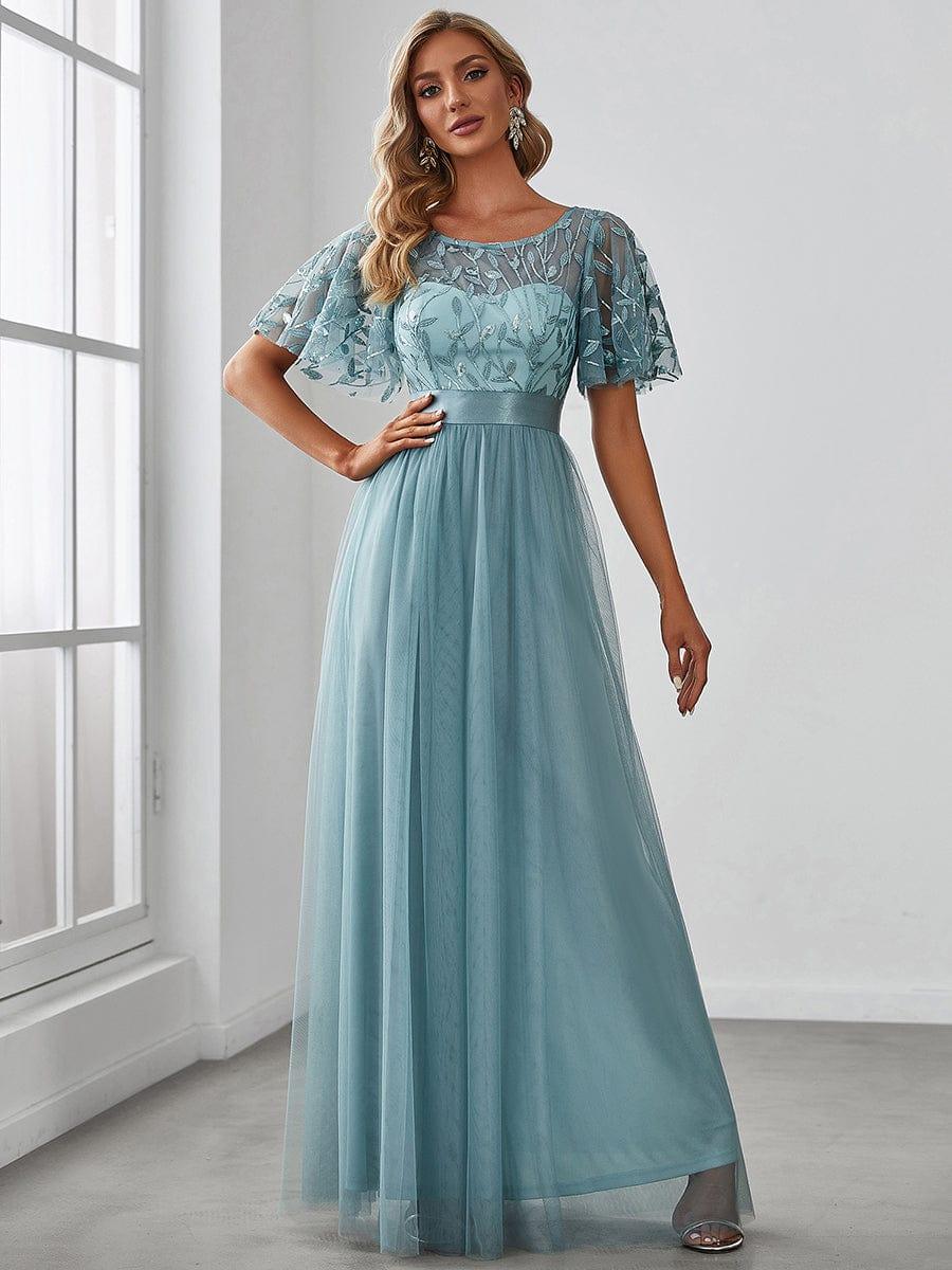 Robe longue de cérémonie à manches courtes avec broderie