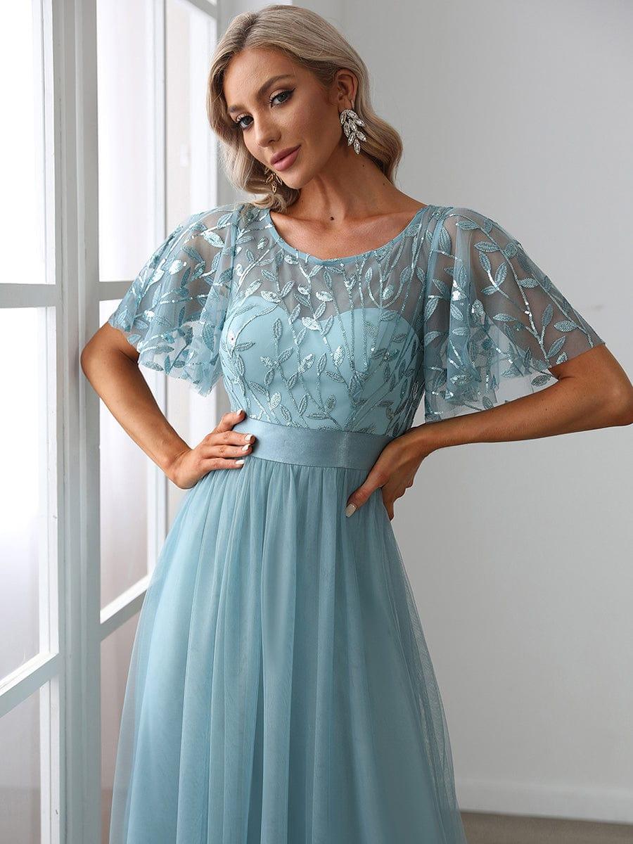 Robe longue de cérémonie à manches courtes avec broderie