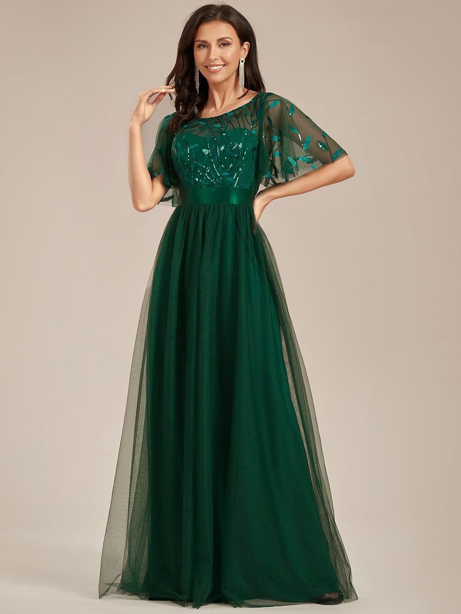 Robe longue de cérémonie à manches courtes avec broderie