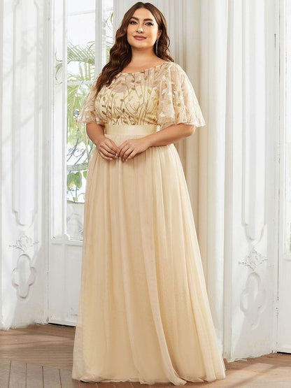 Robe longue de cérémonie à manches courtes avec broderie