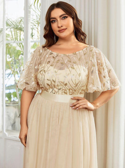 Robe longue de cérémonie à manches courtes avec broderie