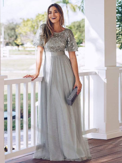 ever SAPHIR|Women's A-Line Short Sleeve Embroidery Floor Length Wedding Guest Dresses