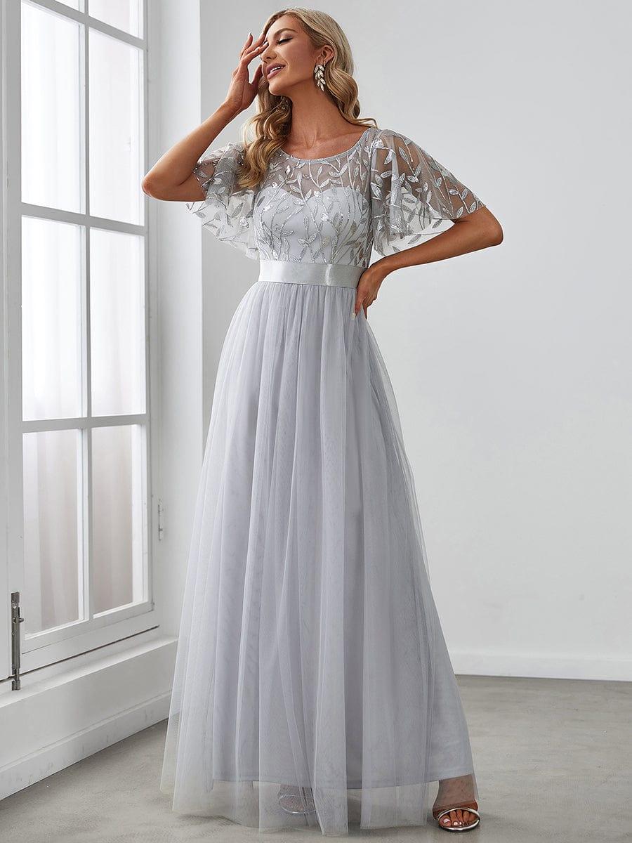 Robe longue de cérémonie à manches courtes avec broderie