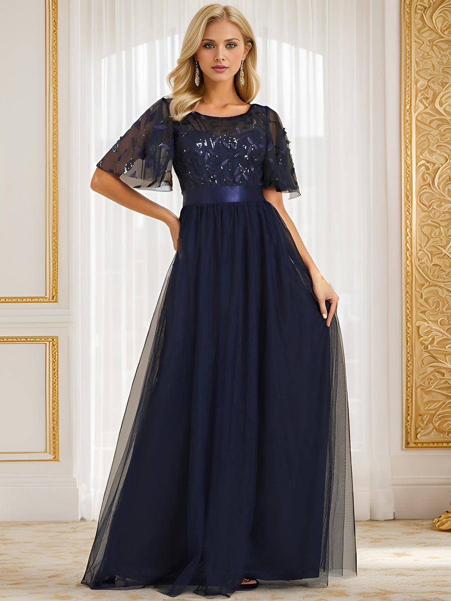 Robe longue de cérémonie à manches courtes avec broderie